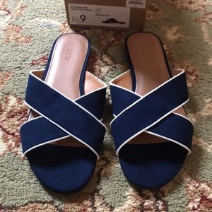 BNIB J. Crew Micosuede Criss Cross Slide Sandals, antique navy- size 9